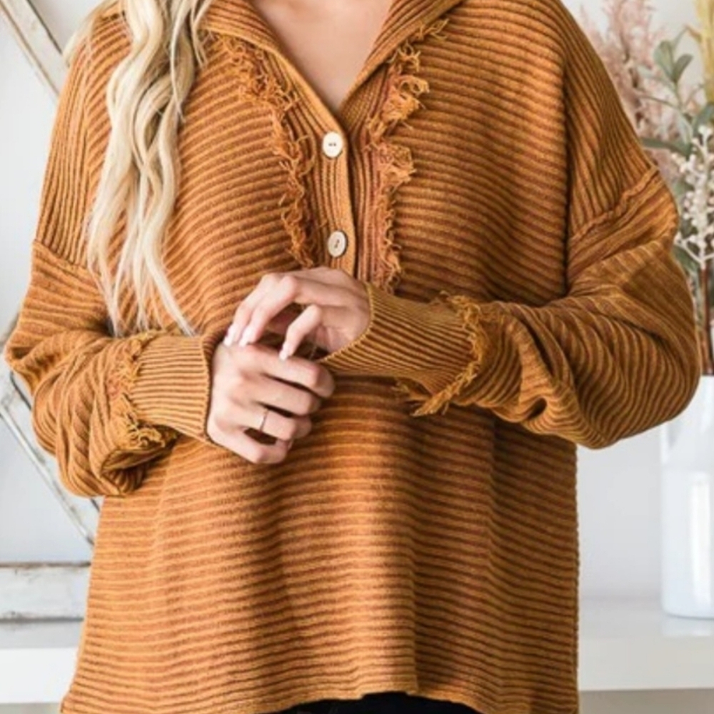 OLI & HALI Henley Mineral Wash Ribbed/Frayed Sweater, EUC (1 Wear), S, Oversized